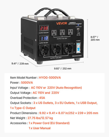Voltage Auto Converter Transformer, 5000VA, Heavy Duty Step Up/Down Power Transformer, 110V to 220V and 220V to 110V, with 3 US Outlets, 3 EU Outlets, LCD Display, Circuit Breaker Protection