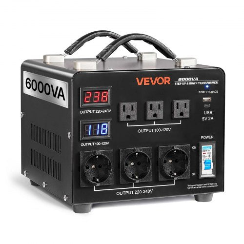 Spänningsomvandlare, 6000VA, kraftig upp-/nedtransformator, 110V till 220V och 220V till 110V, med 3 US-uttag, 3 EU-uttag, LCD-display, brytarskydd
