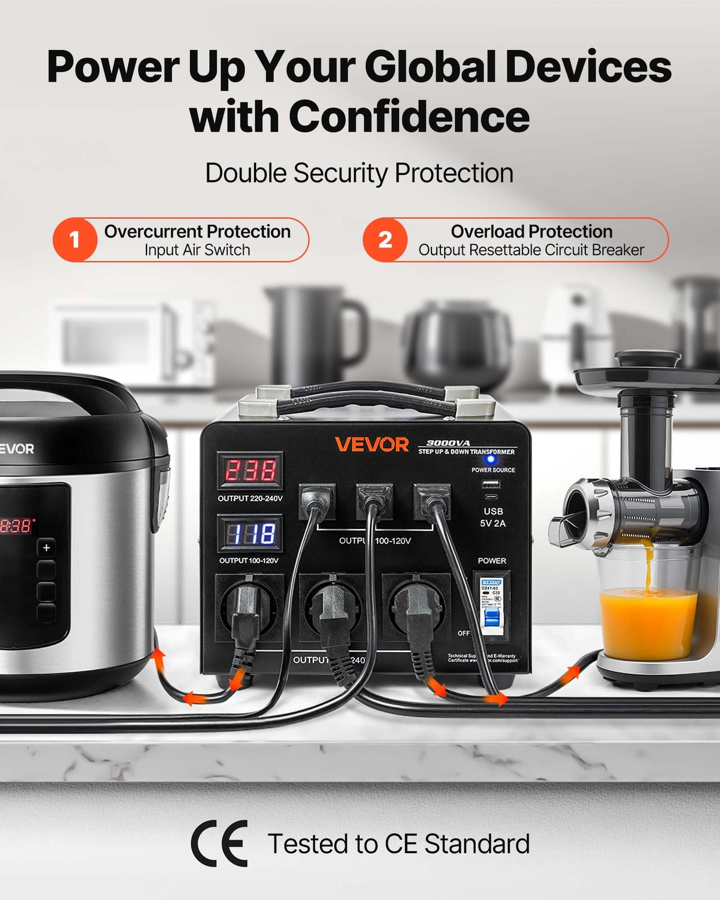 Voltage Auto Converter Transformer, 3000VA, Heavy Duty Step Up/Down Power Transformer, 110V to 220V and 220V to 110V, with 3 US Outlets, 3 EU Outlets, LCD Display, Circuit Breaker Protection