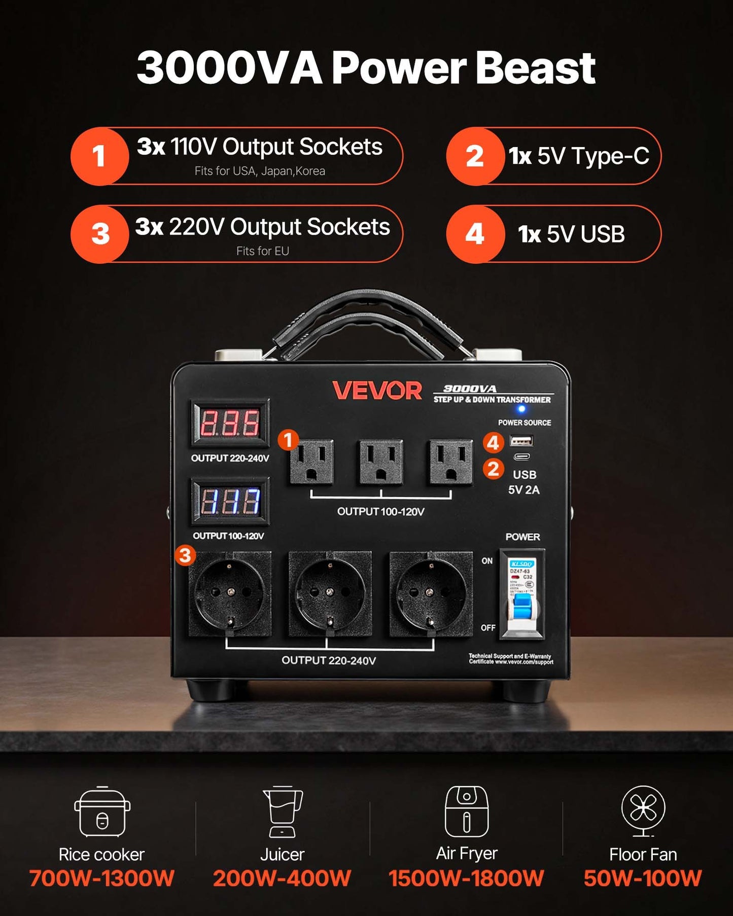 Voltage Auto Converter Transformer, 3000VA, Heavy Duty Step Up/Down Power Transformer, 110V to 220V and 220V to 110V, with 3 US Outlets, 3 EU Outlets, LCD Display, Circuit Breaker Protection