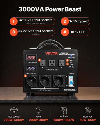 Spänningsomvandlare, 3000VA, kraftig upp-/nedtransformator, 110V till 220V och 220V till 110V, med 3 US-uttag, 3 EU-uttag, LCD-display, kretsbrytarskydd
