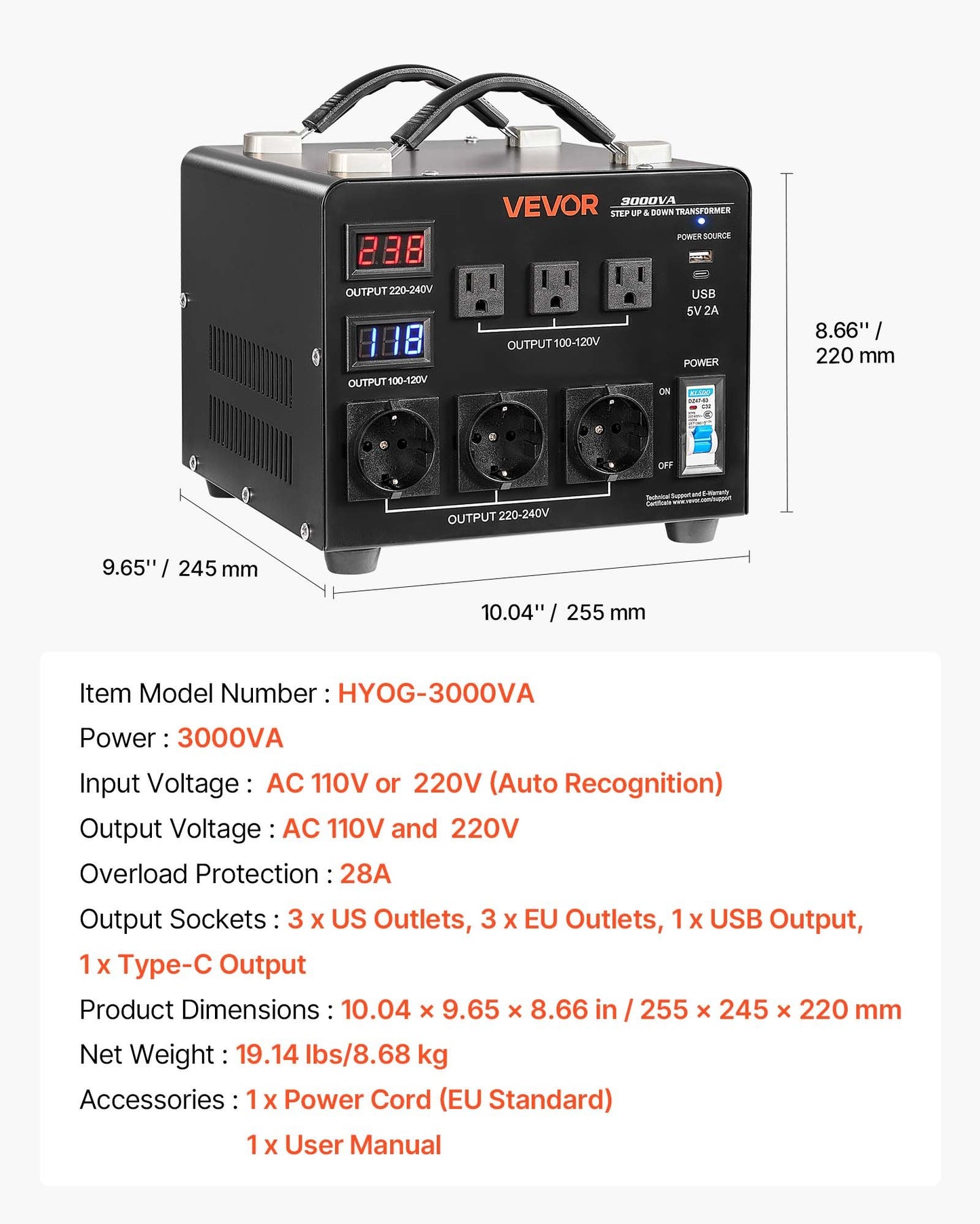 Spänningsomvandlare, 3000VA, kraftig upp-/nedtransformator, 110V till 220V och 220V till 110V, med 3 US-uttag, 3 EU-uttag, LCD-display, kretsbrytarskydd