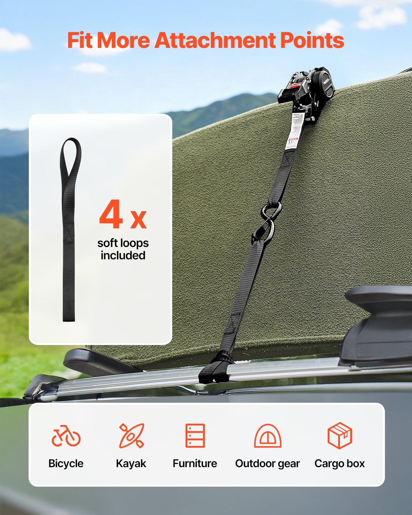 Retractable Ratchet Straps, 25.4 mm x 3 m, Tie Down Straps with S Hooks, 544 kg Break Strength, 4 Soft Loops, Tie Down Ratcheting for Moving, Trailers, Motorcycles, Kayaks, Car Roof, 4 Pack