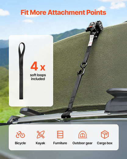 Retractable Ratchet Straps, 25.4 mm x 3 m, Tie Down Straps with S Hooks, 544 kg Break Strength, 4 Soft Loops, Tie Down Ratcheting for Moving, Trailers, Motorcycles, Kayaks, Car Roof, 4 Pack