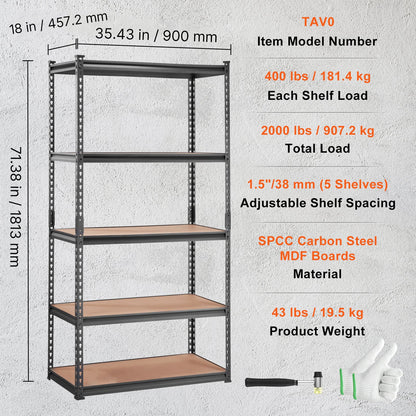 Storage Shelving Unit, 5-Tier Adjustable, 2000 lbs Capacity, Heavy Duty Garage Shelves Metal Organizer Utility Rack, Black, 35" L x 18" W x 71" H for Kitchen Pantry Basement Bathroom Laundry