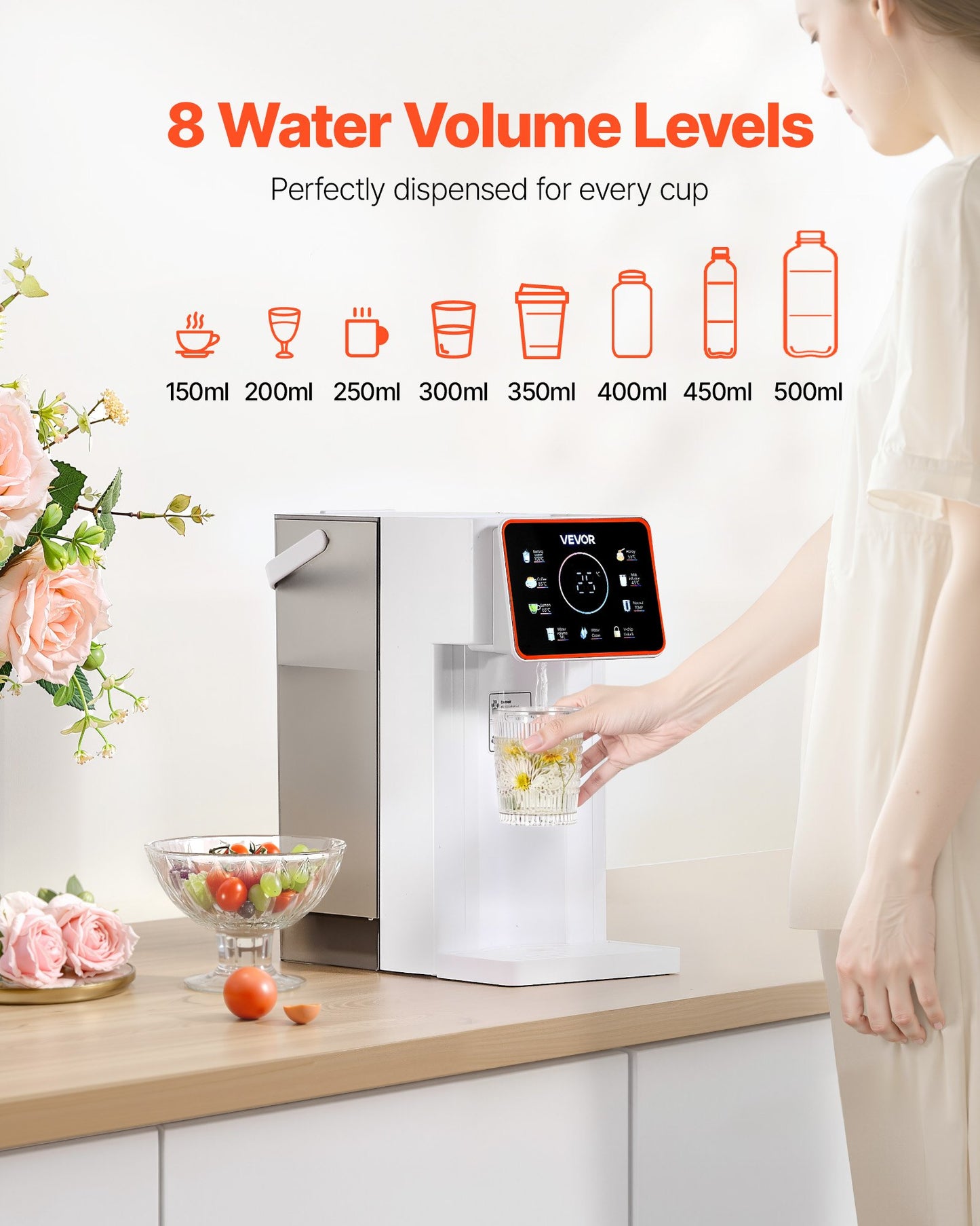 Instant Hot Water Dispenser, Countertop Boiling Water Dispenser with Adjustable 6 Temps & 8 Water Volumes, 101oz(3L) Removable Water Tank, Quick Heating with Touchscreen & Child Lock for Home