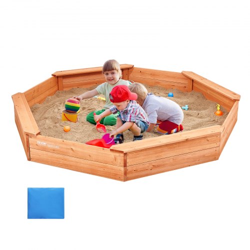 Wooden Sandbox with Cover, 75.6 x 75.6 x 9.1 in Octagonal Sand Box, Sand Pit with 4 Seating and Bottom Liner, Kids Sandbox for Outdoor Backyard, Beach, Park, Gift for Boys Girls Ages 3-12