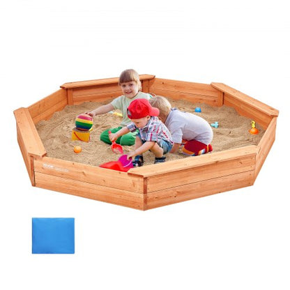Wooden Sandbox with Cover, 75.6 x 75.6 x 9.1 in Octagonal Sand Box, Sand Pit with 4 Seating and Bottom Liner, Kids Sandbox for Outdoor Backyard, Beach, Park, Gift for Boys Girls Ages 3-12