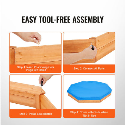 Wooden Sandbox with Cover, 75.6 x 75.6 x 9.1 in Octagonal Sand Box, Sand Pit with 4 Seating and Bottom Liner, Kids Sandbox for Outdoor Backyard, Beach, Park, Gift for Boys Girls Ages 3-12