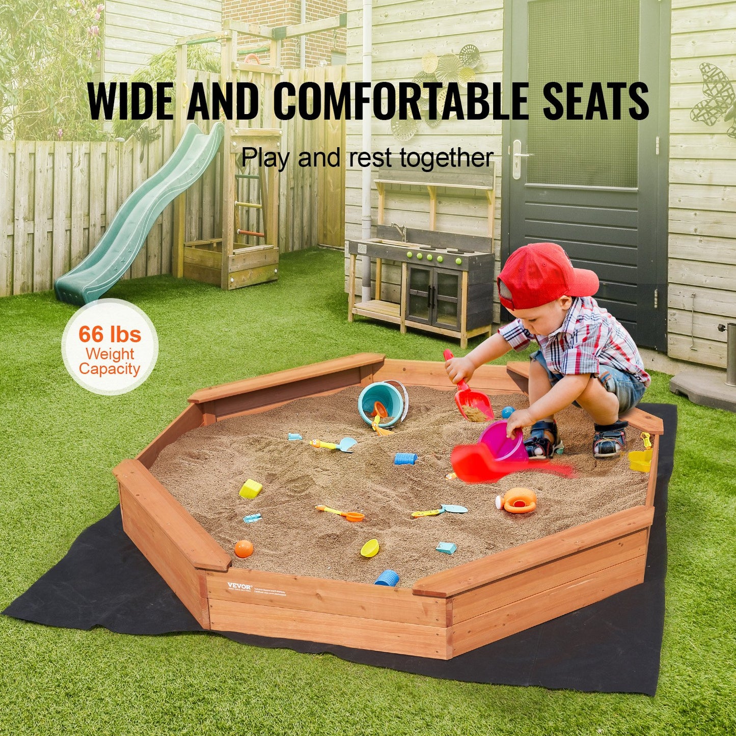 Wooden Sandbox with Cover, 75.6 x 75.6 x 9.1 in Octagonal Sand Box, Sand Pit with 4 Seating and Bottom Liner, Kids Sandbox for Outdoor Backyard, Beach, Park, Gift for Boys Girls Ages 3-12