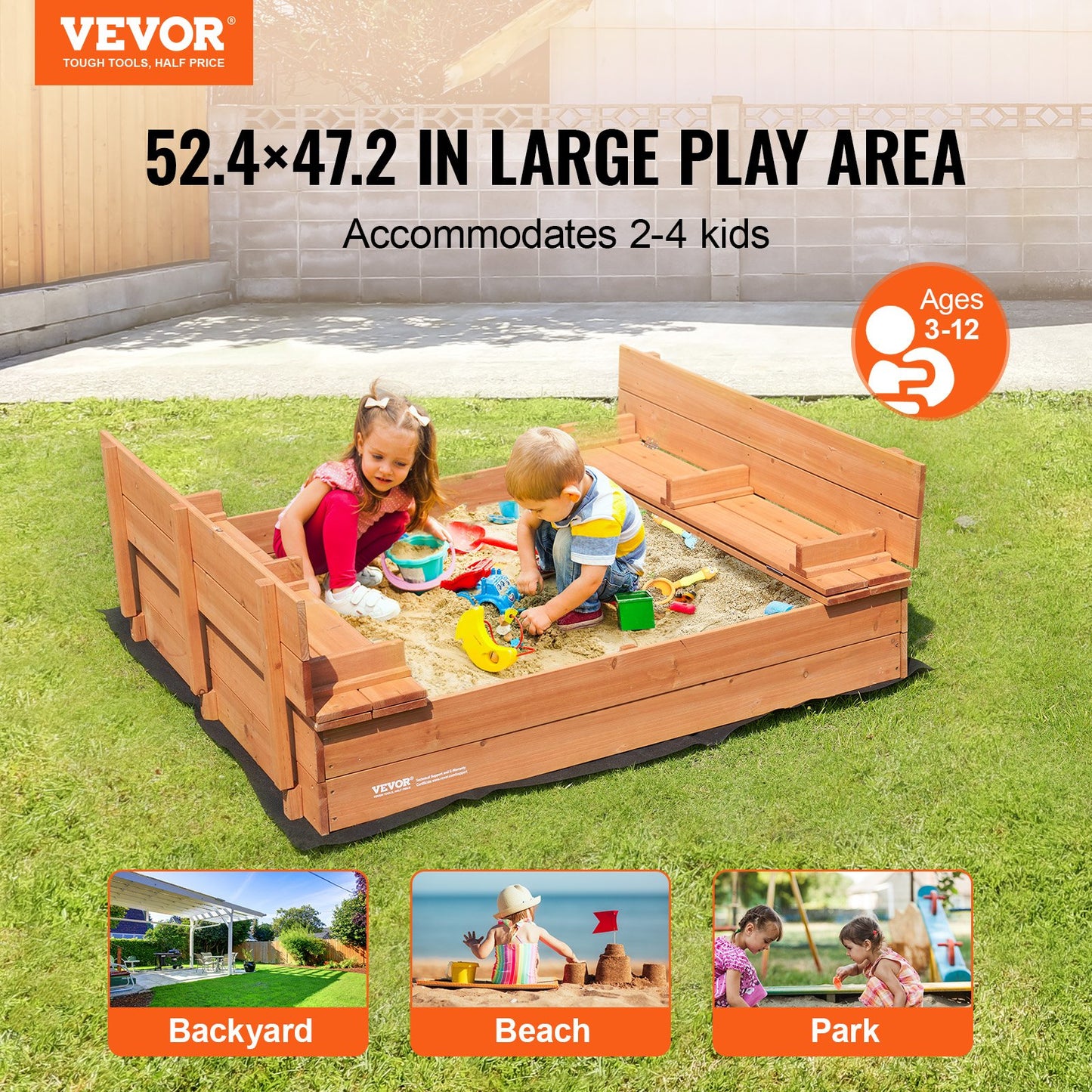 Wooden Sandbox, 52.4 x 47.2 x 16.9 in Sand Box, Sand Pit with Foldable Bench Seats and Bottom Liner, Natural Wood Kids Sandbox for Outdoor Backyard, Beach, Park, Gift for Boys Girls Ages 3-12