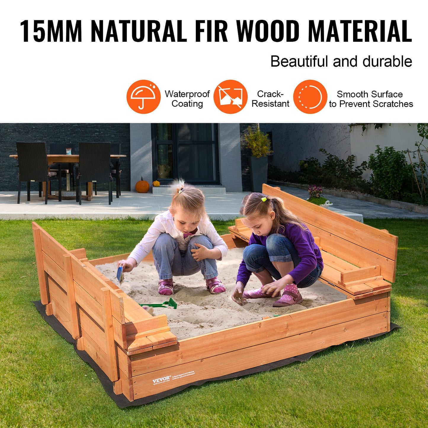 Sandlåda i trä, 52,4 x 47,2 x 16,9 tum, sandlåda med hopfällbara bänkar och bottenfoder, sandlåda i naturträ för barn utomhus, bakgård, strand, park, present till pojkar och flickor i åldrarna 3-12