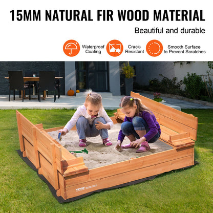 Sandlåda i trä, 52,4 x 47,2 x 16,9 tum, sandlåda med hopfällbara bänkar och bottenfoder, sandlåda i naturträ för barn utomhus, bakgård, strand, park, present till pojkar och flickor i åldrarna 3-12