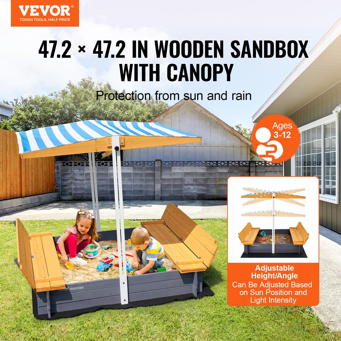 Wooden Sandbox with Canopy, 57.3 x 47.2 x 47.2 in Sand Box, Sand Pit with Foldable Bench Seats and Bottom Liner, Natural Wood Kids Sandbox for Outdoor Backyard, Beach, Park, Gift for Ages 3-12