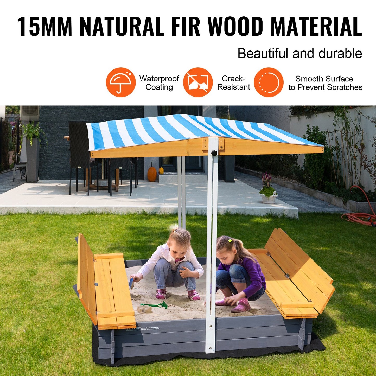 Wooden Sandbox with Canopy, 57.3 x 47.2 x 47.2 in Sand Box, Sand Pit with Foldable Bench Seats and Bottom Liner, Natural Wood Kids Sandbox for Outdoor Backyard, Beach, Park, Gift for Ages 3-12