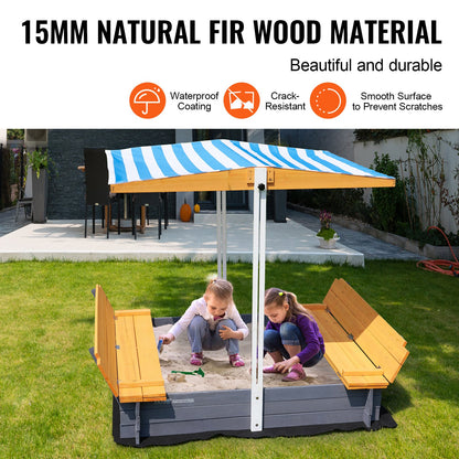 Wooden Sandbox with Canopy, 57.3 x 47.2 x 47.2 in Sand Box, Sand Pit with Foldable Bench Seats and Bottom Liner, Natural Wood Kids Sandbox for Outdoor Backyard, Beach, Park, Gift for Ages 3-12