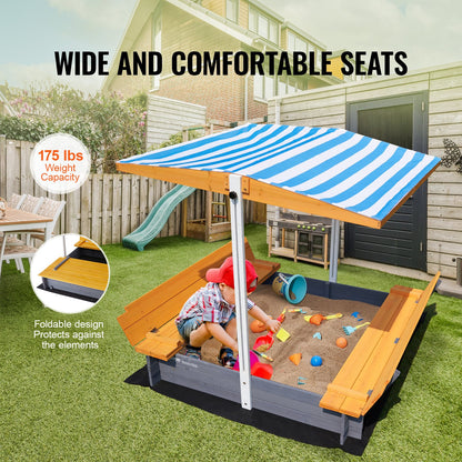 Wooden Sandbox with Canopy, 57.3 x 47.2 x 47.2 in Sand Box, Sand Pit with Foldable Bench Seats and Bottom Liner, Natural Wood Kids Sandbox for Outdoor Backyard, Beach, Park, Gift for Ages 3-12