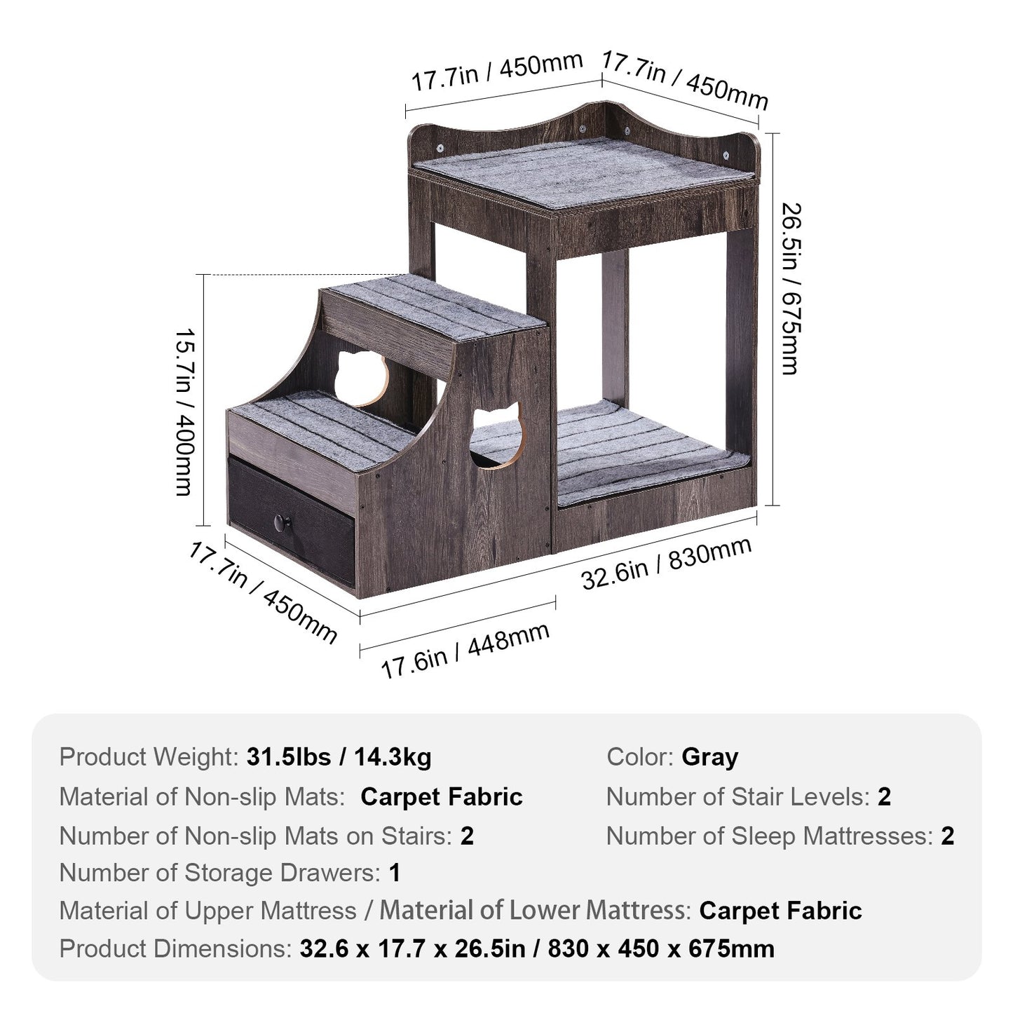 Pet Bunk Bed with Removable Stairs, Dog/Cat Window Perch with Storage, Multi-Level Bed Window Perch Dog Bedside Sleeper Couch, Small Pet Seat Platform, Indoor Use (Gray)