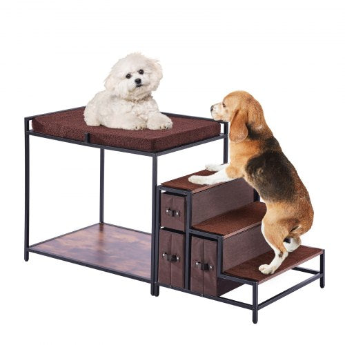 Pet Bunk Bed with Stairs, Dog/Cat Window Perch with Storage, Multi-Level Bed Window Perch Dog Bedside Sleeper Couch, Pet Seat Platform for Medium Size Pet, Indoor Use (Dark Brown)