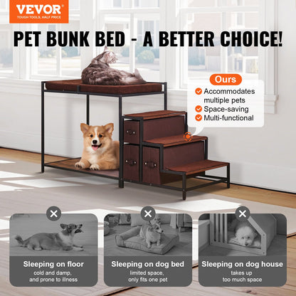 Pet Bunk Bed with Stairs, Dog/Cat Window Perch with Storage, Multi-Level Bed Window Perch Dog Bedside Sleeper Couch, Pet Seat Platform for Medium Size Pet, Indoor Use (Dark Brown)