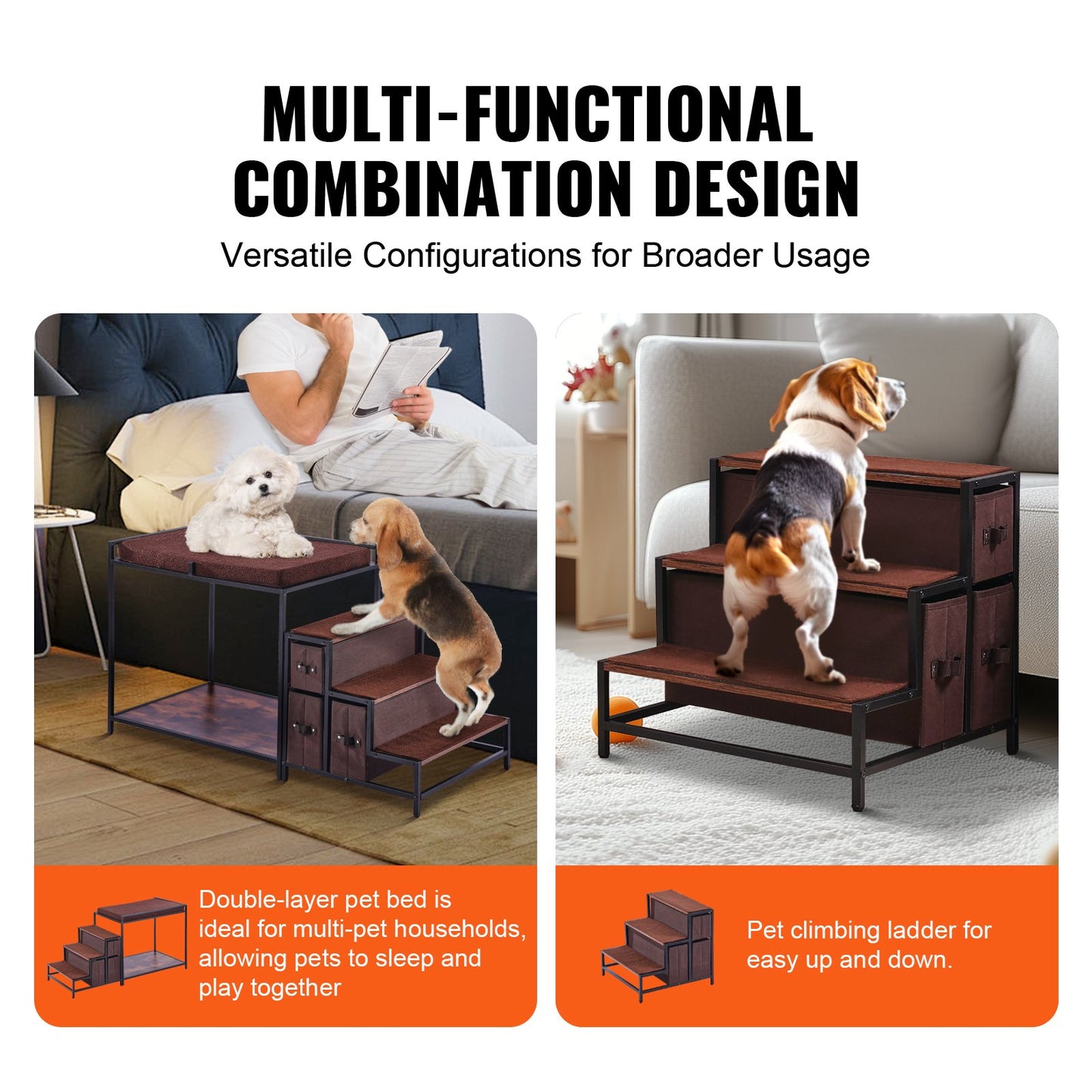Pet Bunk Bed with Stairs, Dog/Cat Window Perch with Storage, Multi-Level Bed Window Perch Dog Bedside Sleeper Couch, Pet Seat Platform for Medium Size Pet, Indoor Use (Dark Brown)