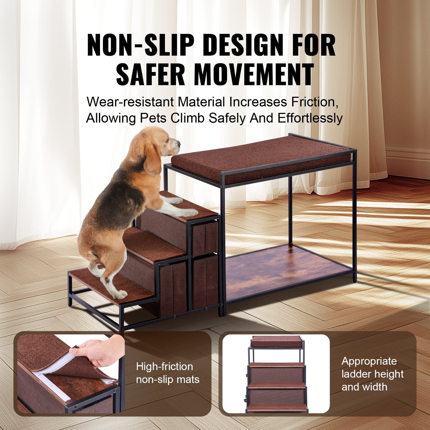Pet Bunk Bed with Stairs, Dog/Cat Window Perch with Storage, Multi-Level Bed Window Perch Dog Bedside Sleeper Couch, Pet Seat Platform for Medium Size Pet, Indoor Use (Dark Brown)