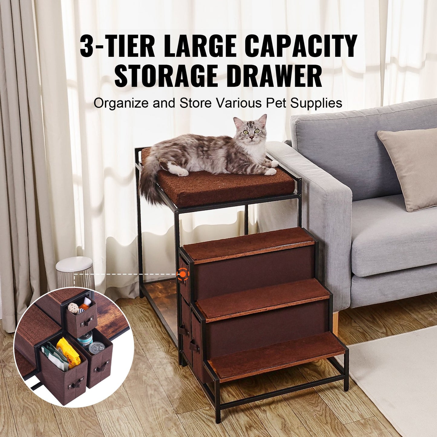 Pet Bunk Bed with Stairs, Dog/Cat Window Perch with Storage, Multi-Level Bed Window Perch Dog Bedside Sleeper Couch, Pet Seat Platform for Medium Size Pet, Indoor Use (Dark Brown)