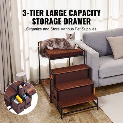 Pet Bunk Bed with Stairs, Dog/Cat Window Perch with Storage, Multi-Level Bed Window Perch Dog Bedside Sleeper Couch, Pet Seat Platform for Medium Size Pet, Indoor Use (Dark Brown)