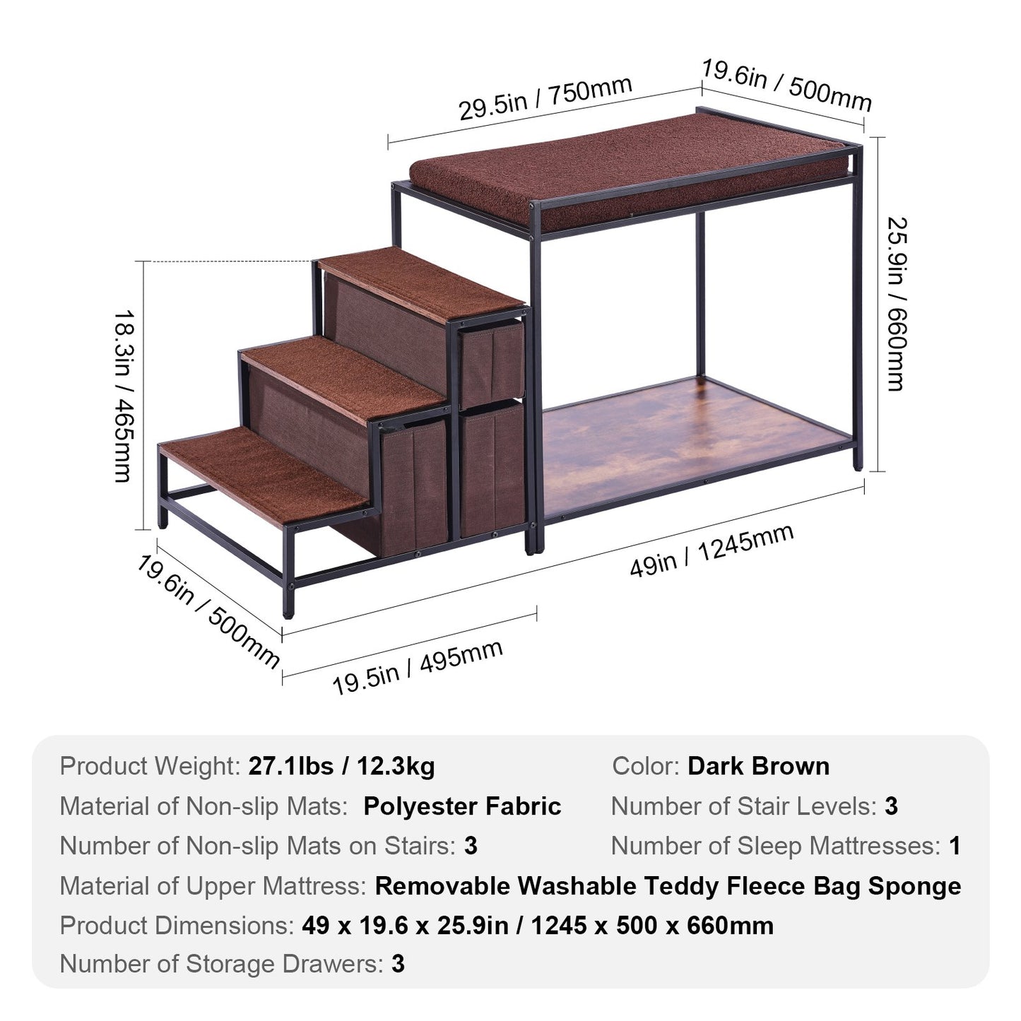 Pet Bunk Bed with Stairs, Dog/Cat Window Perch with Storage, Multi-Level Bed Window Perch Dog Bedside Sleeper Couch, Pet Seat Platform for Medium Size Pet, Indoor Use (Dark Brown)