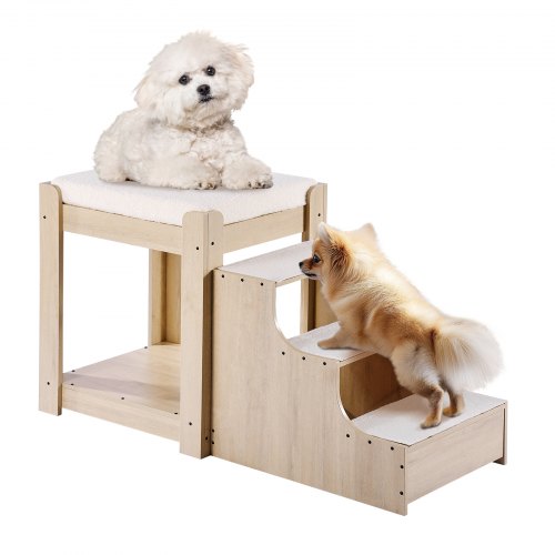 Pet Bunk Bed with Stairs, Dog/Cat Window Perch, Multi-Level Bed Window Perch Dog Bedside Sleeper, Lounge Elevated Seat Platform with Foam Cushion,Pet Bed Couch for Bedside Indoor Use (Beige)