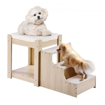 Pet Bunk Bed with Stairs, Dog/Cat Window Perch, Multi-Level Bed Window Perch Dog Bedside Sleeper, Lounge Elevated Seat Platform with Foam Cushion,Pet Bed Couch for Bedside Indoor Use (Beige)