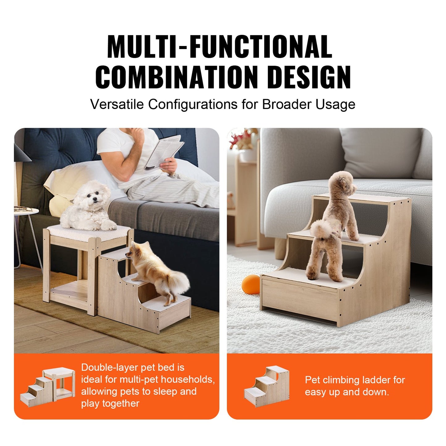 Pet Bunk Bed with Stairs, Dog/Cat Window Perch, Multi-Level Bed Window Perch Dog Bedside Sleeper, Lounge Elevated Seat Platform with Foam Cushion,Pet Bed Couch for Bedside Indoor Use (Beige)