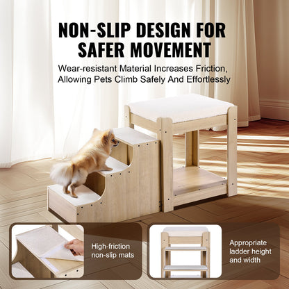 Pet Bunk Bed with Stairs, Dog/Cat Window Perch, Multi-Level Bed Window Perch Dog Bedside Sleeper, Lounge Elevated Seat Platform with Foam Cushion,Pet Bed Couch for Bedside Indoor Use (Beige)