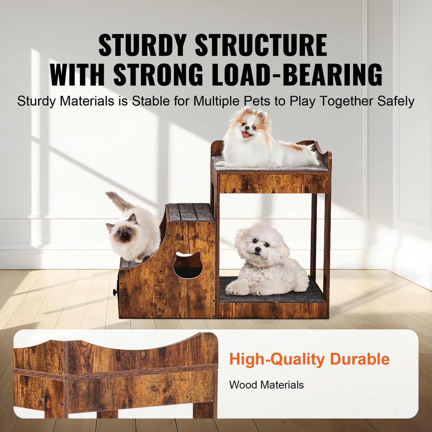 Våningssäng för husdjur med avtagbara trappor, fönsterplats för hund/katt med förvaring, säng i flera nivåer, fönsterplats för hund, bäddsoffa vid sängkanten, liten sittplattform för husdjur, inomhusbruk (rustikt brunt)