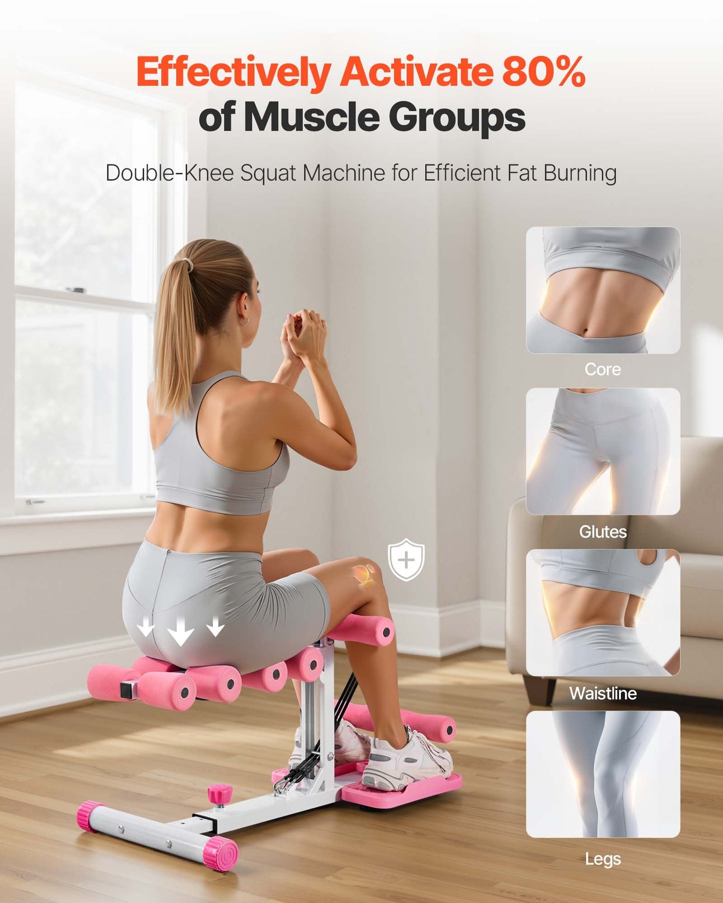 Djup knäböjsmaskin, justerbar sätesträningsmaskin med 3 högstyrkemotståndsband, hopfällbar coreben- och sätesträningsmaskin, armhävningsutrustning för hemmagym, rosa + vit