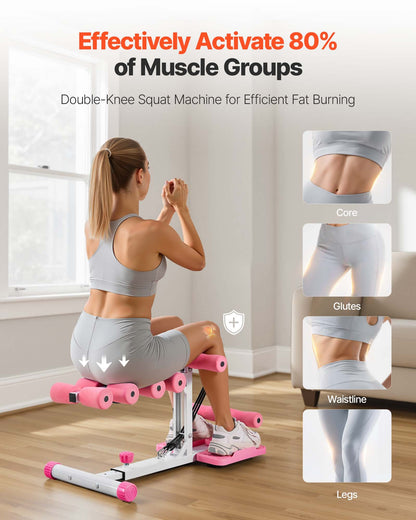 Djup knäböjsmaskin, justerbar sätesträningsmaskin med 3 högstyrkemotståndsband, hopfällbar coreben- och sätesträningsmaskin, armhävningsutrustning för hemmagym, rosa + vit