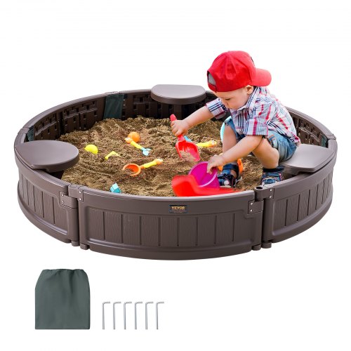 Sandbox with Cover, 47.2 x 9.1 in Round Sand Box, HDPE Sand Pit with 3 Corner Seating and Bottom Liner, Kids Sandbox for Outdoor Backyard, Beach, Park, Gift for Boys Girls Ages 3-12, Brown