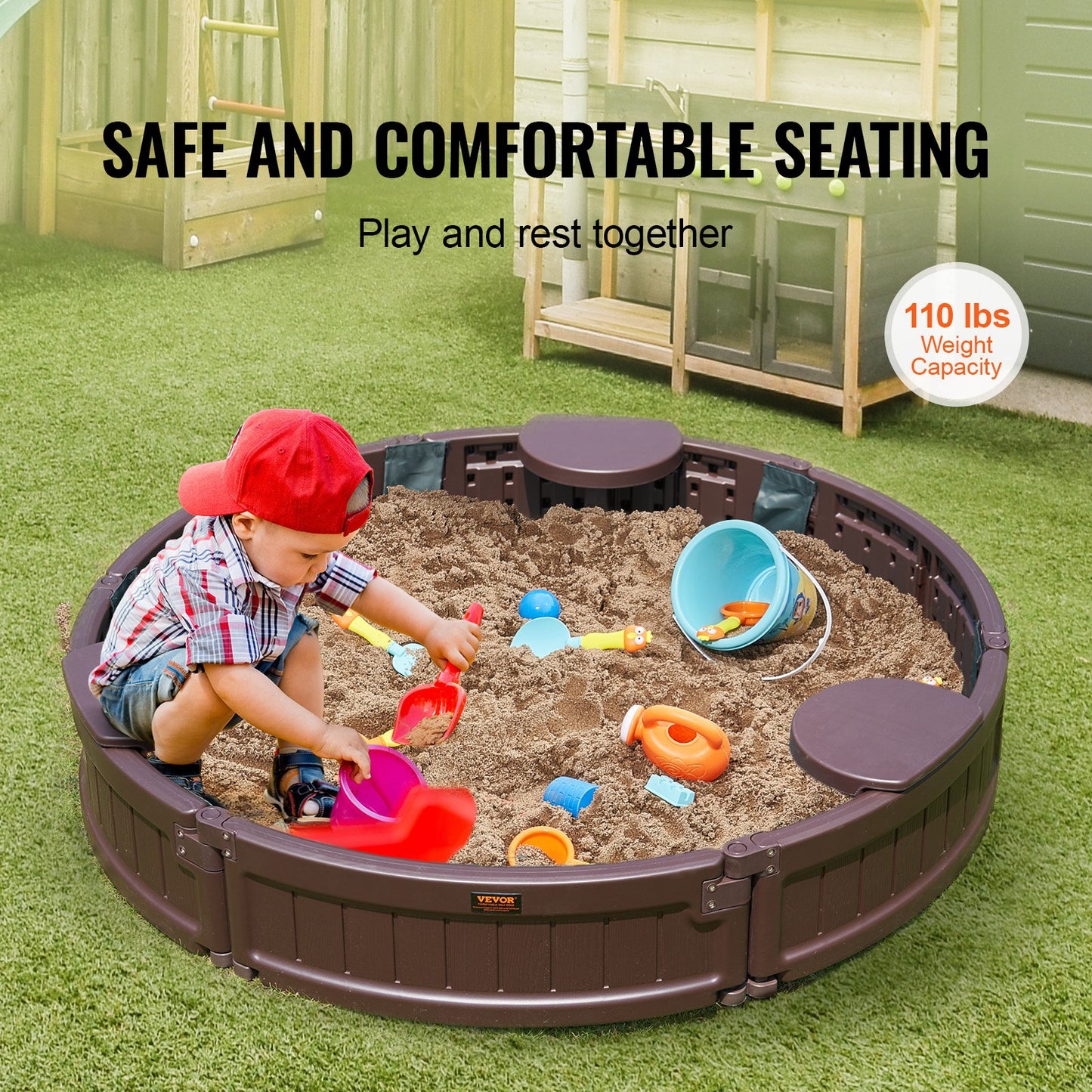 Sandbox with Cover, 47.2 x 9.1 in Round Sand Box, HDPE Sand Pit with 3 Corner Seating and Bottom Liner, Kids Sandbox for Outdoor Backyard, Beach, Park, Gift for Boys Girls Ages 3-12, Brown
