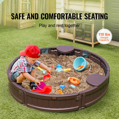 Sandbox with Cover, 47.2 x 9.1 in Round Sand Box, HDPE Sand Pit with 3 Corner Seating and Bottom Liner, Kids Sandbox for Outdoor Backyard, Beach, Park, Gift for Boys Girls Ages 3-12, Brown