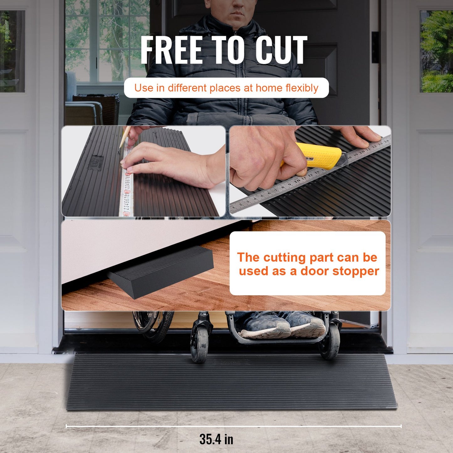 4,7 cm klippbar tröskelramp för soprobot, 91 cm bred rullstolsramp i naturgummi, halkfri massiv gummiramp med dubbelhäftande tejp för dörröppningar, uppfarter, badrum, slät kakel