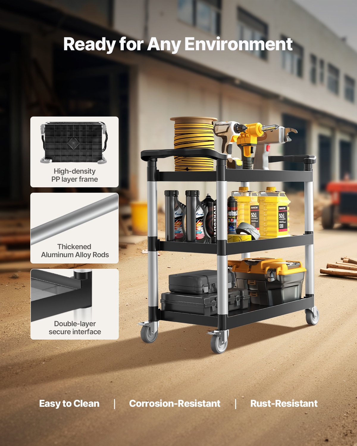 Verktygsvagn, 225 kg lastkapacitet, 3-vånings verktygsvagn i plast med 360° svängbara hjul (2 med bromsar), 76 x 49 cm livsmedelsvagn för lager, kontor, hem, restaurang, kök