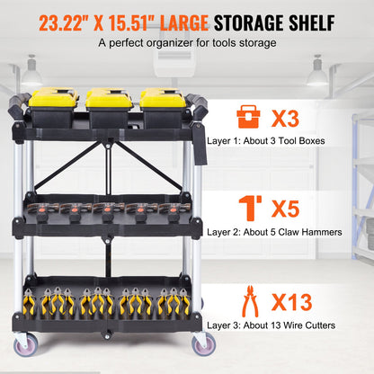 Foldable Utility Service Cart, 3 Shelf 74.8 kg Heavy Duty Plastic Rolling Cart with Lockable Wheels, Ergonomic Handle, Portable Garage Tool Cart for Warehouse/Office/Home(65.1x39.2x83.2 cm)