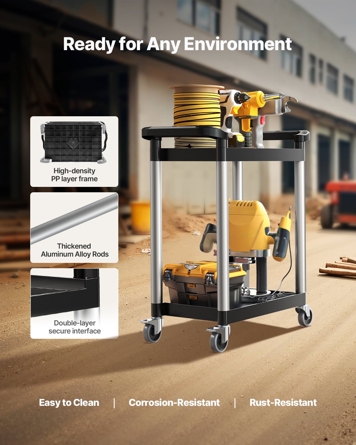 Utility Cart, 300 lbs Load Capacity, 2-tier Utility Plastic Cart with 360° Swivel Wheels (2 with Brakes), 24.4 x 16.1-inch Food Service Cart for Warehouse, Office, Home, Restaurant, Kitchen