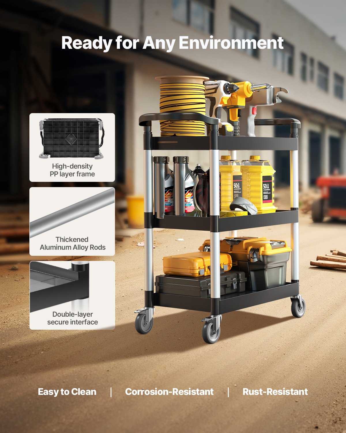 Verktygsvagn, 136 kg lastkapacitet, 3-vånings verktygsvagn i plast med 360° svängbara hjul (2 med bromsar), 61 x 41 cm livsmedelsvagn för lager, kontor, hem, restaurang, kök