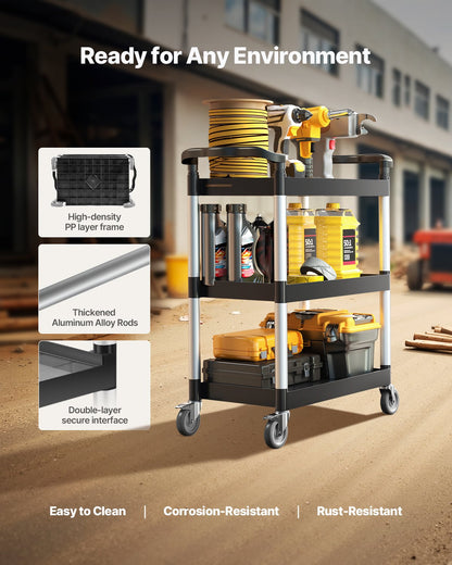 Verktygsvagn, 136 kg lastkapacitet, 3-vånings verktygsvagn i plast med 360° svängbara hjul (2 med bromsar), 61 x 41 cm livsmedelsvagn för lager, kontor, hem, restaurang, kök