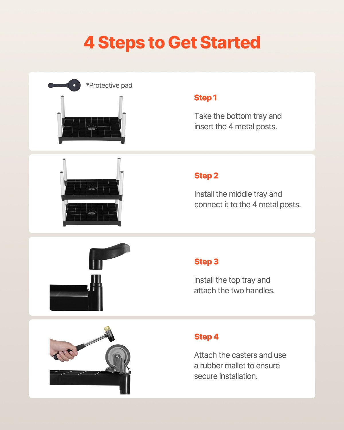 Verktygsvagn, 136 kg lastkapacitet, 3-vånings verktygsvagn i plast med 360° svängbara hjul (2 med bromsar), 61 x 41 cm livsmedelsvagn för lager, kontor, hem, restaurang, kök