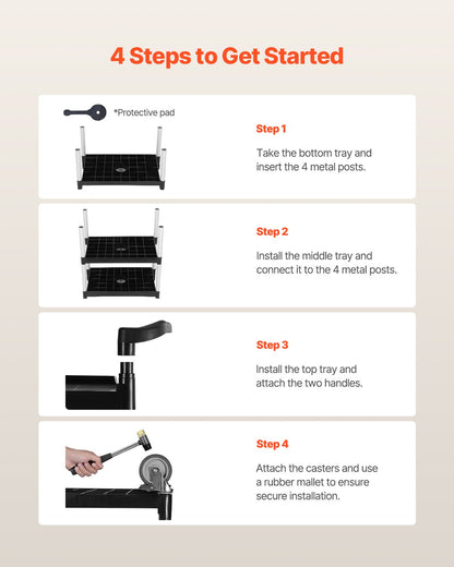 Verktygsvagn, 136 kg lastkapacitet, 3-vånings verktygsvagn i plast med 360° svängbara hjul (2 med bromsar), 61 x 41 cm livsmedelsvagn för lager, kontor, hem, restaurang, kök