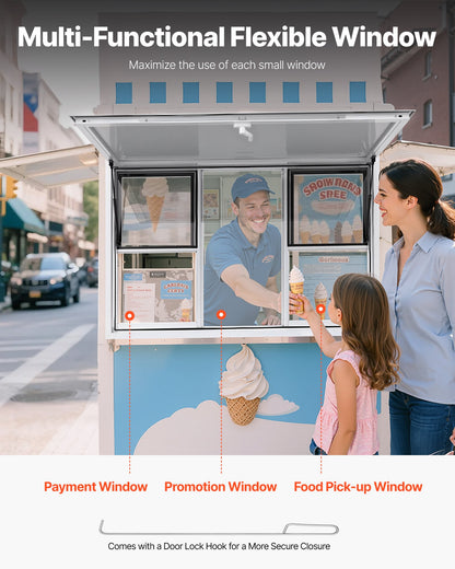 Koncessionsfönster 152x92 cm, servicefönster i aluminiumlegering för food truck, upp till 85 graders stående serveringfönster med 6 skjutbara fönster, markisdörr och dragkrok, för koncessionsvagnar
