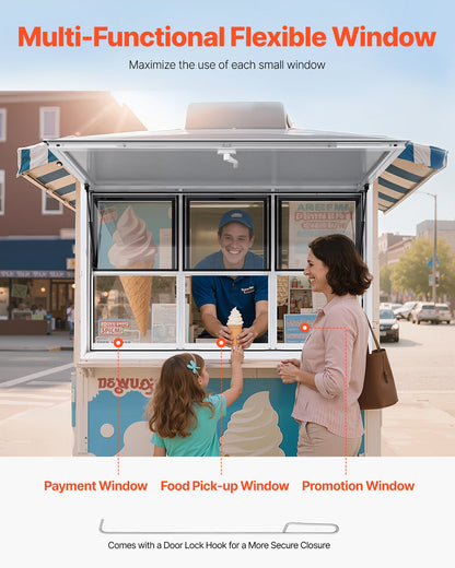 Koncessionsfönster 152x92 cm, servicefönster i aluminiumlegering för food truck, upp till 85 graders stående serveringfönster med 6 skjutbara fönster, markisdörr och dragkrok, för koncessionsvagnar