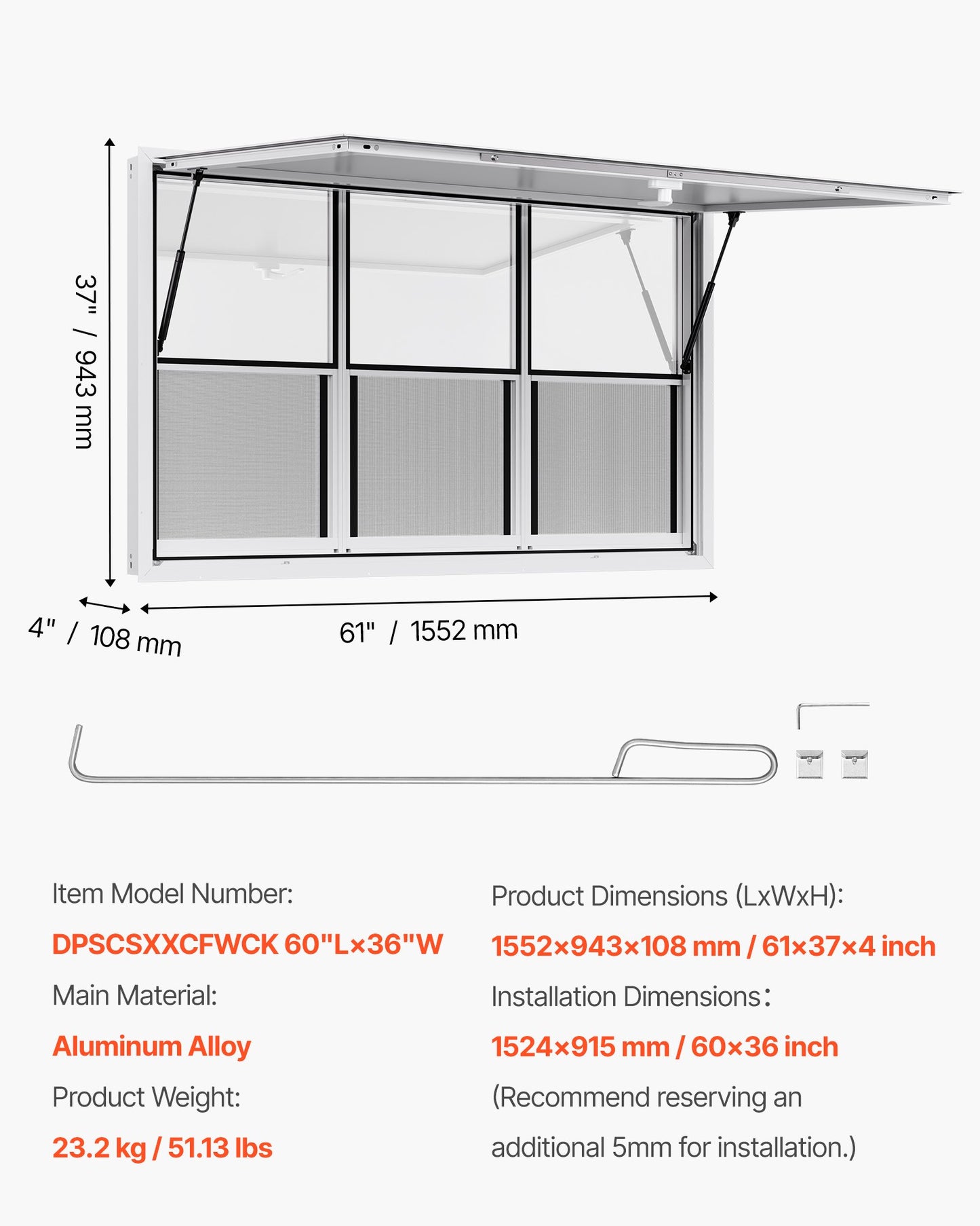Koncessionsfönster 152x92 cm, servicefönster i aluminiumlegering för food truck, upp till 85 graders stående serveringfönster med 6 skjutbara fönster, markisdörr och dragkrok, för koncessionsvagnar